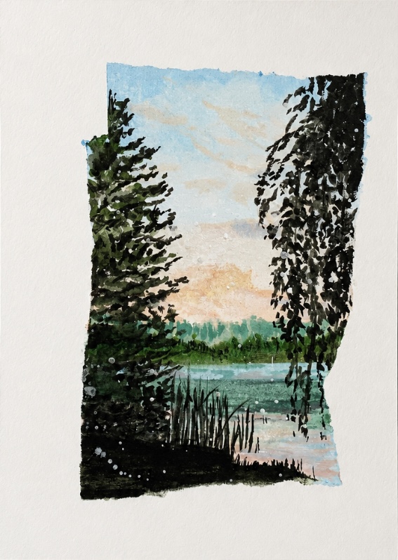 Original watercolor of a quiet lake at twilight