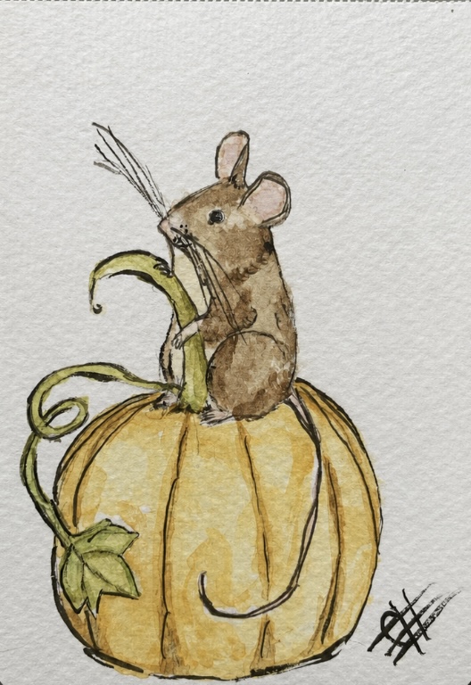 Watercolor illustration of a little mouse perched on a pumpkin