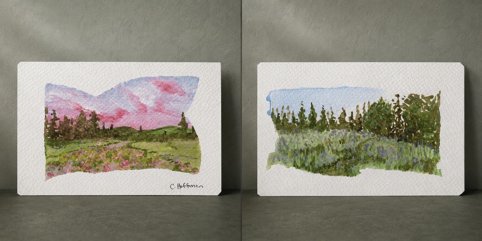 Two sides of an original miniature watercolor landscape