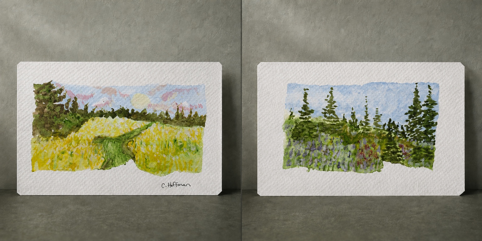 Double-sided miniature landscape with a golden meadow and wildflowers