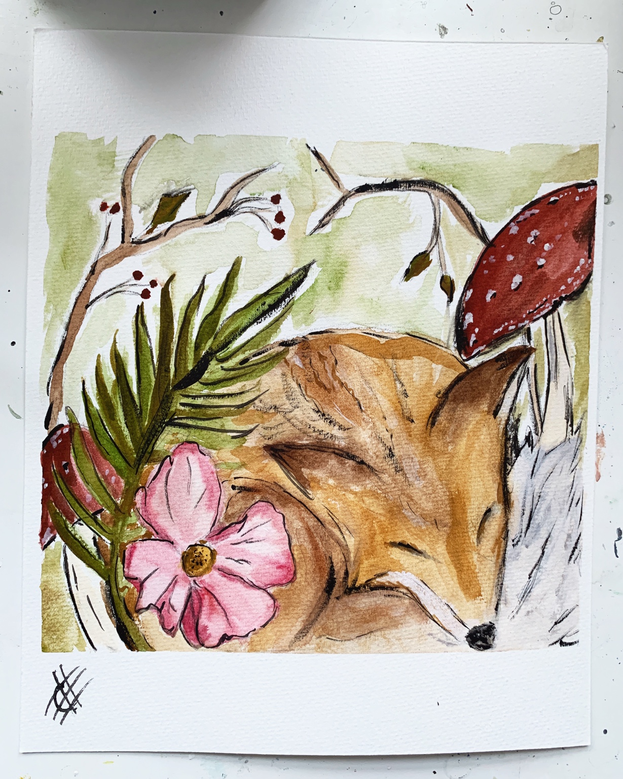 Sleeping fox beside mushrooms and flowers